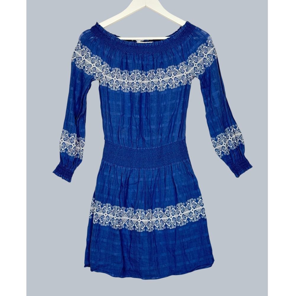 Tory Burch Blue Embroidered Smocked Cotton Dress XS/TP